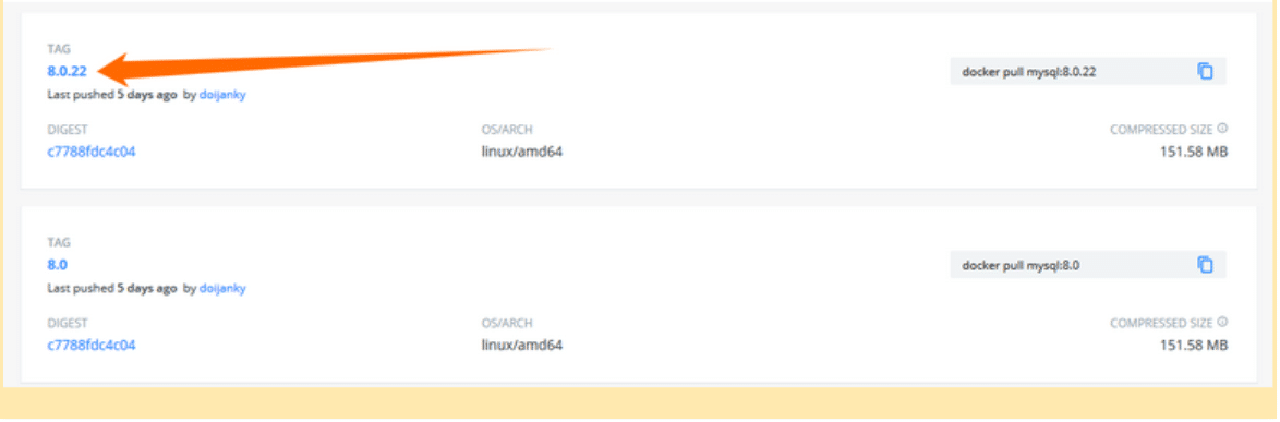 Docker Hub screenshot showing mysql version
