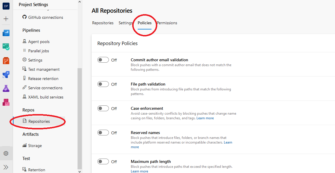 Azure DevOps set repository policies