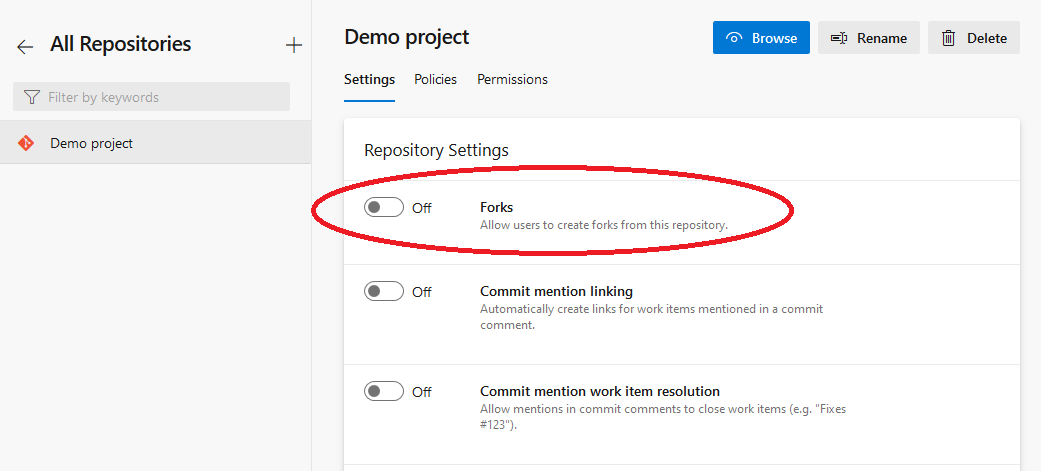 Azure DevOps disable forking