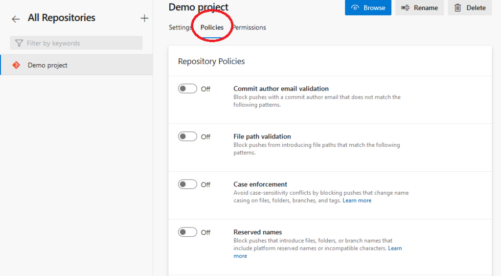 Azure DevOps set repository policies