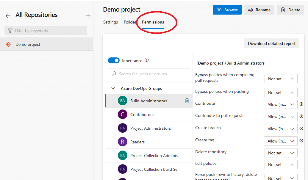 Azure DevOps set specific repository permissions